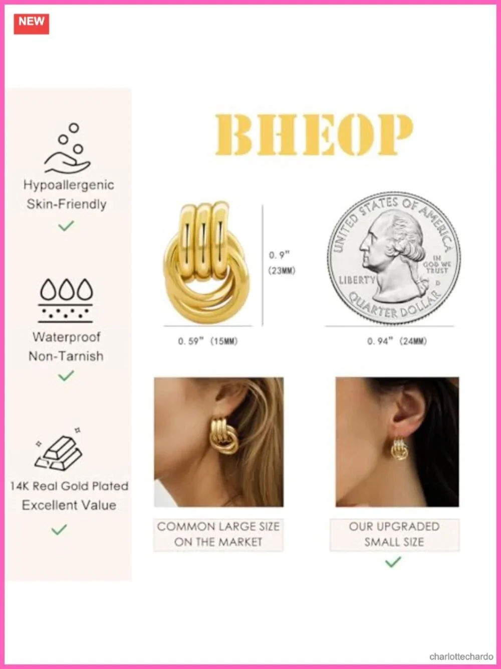 Small Chunky Knot Earrings 14K Gold Plated Dangle Drop Hypoallergenic